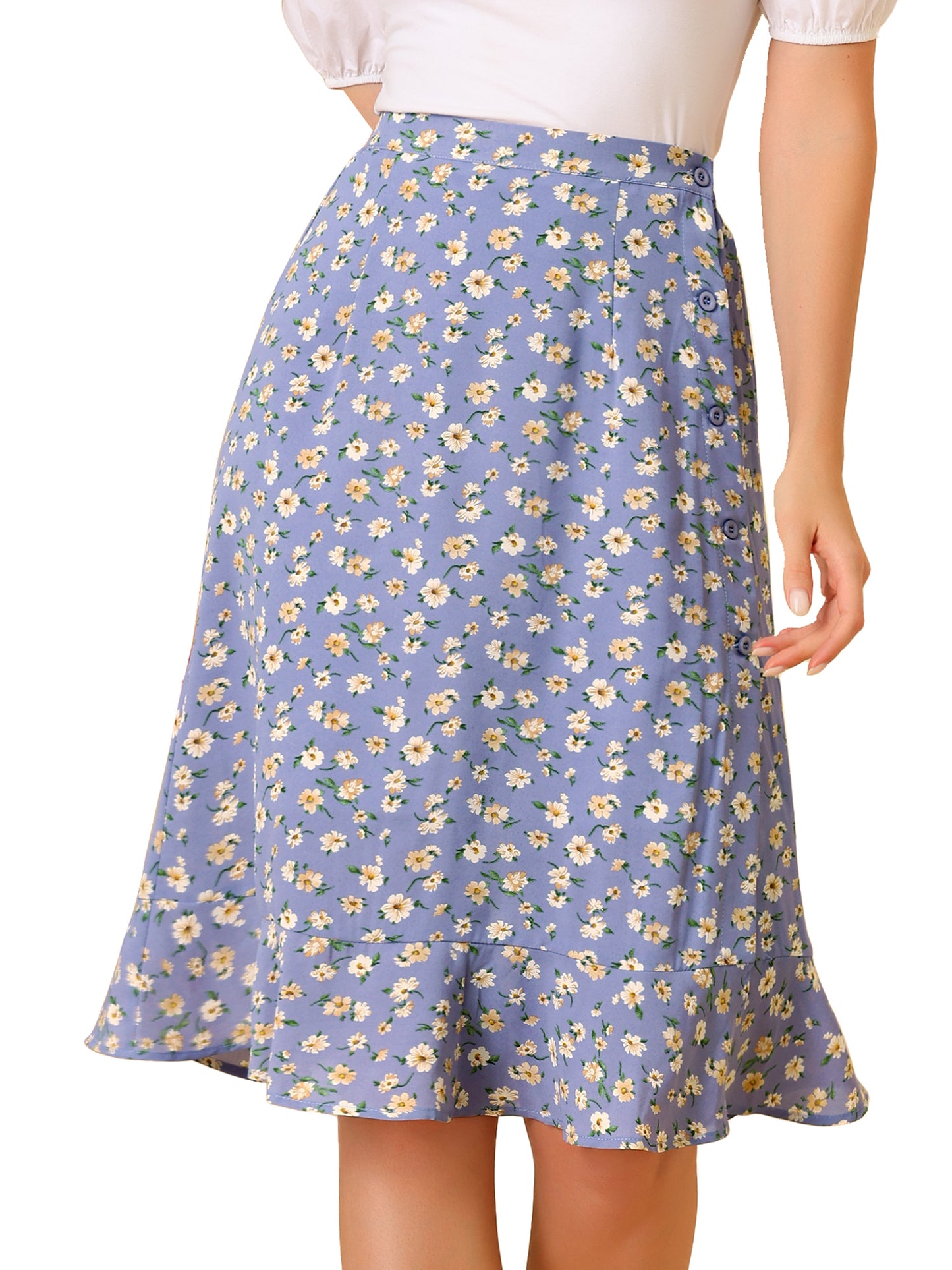 Faldas midi florales para mujer, de verano, con volantes, cintura alta, fluidas, corte A, con abertura hasta la rodilla