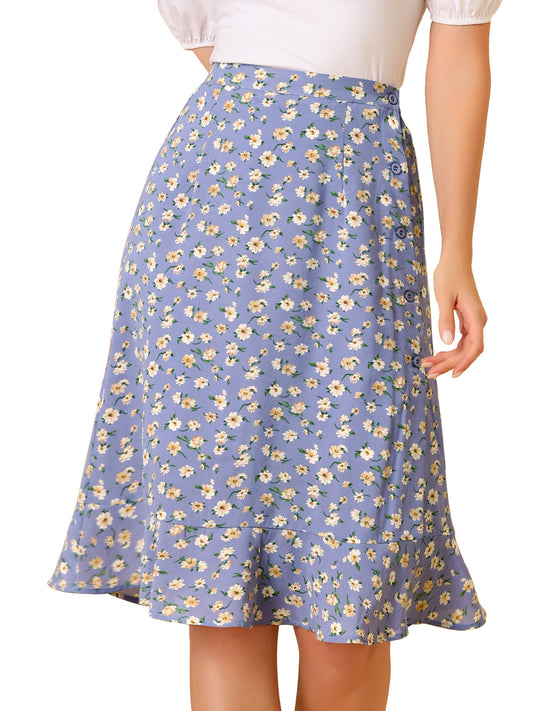 Women's Floral Midi Skirts Summer Ruffle High Waist Flowy A-Line Split Knee Length Skirt
