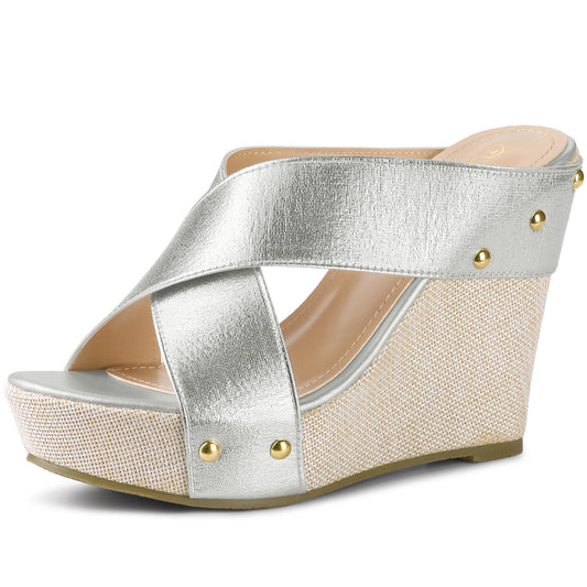 Women Open Toe Linen Platform Slide Wedge Sandals