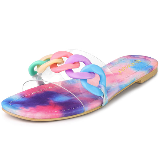 Women's Tie Dye Chain Clear Slides Slip On Sandals