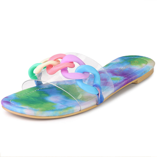Women's Tie Dye Chain Clear Slides Slip On Sandals