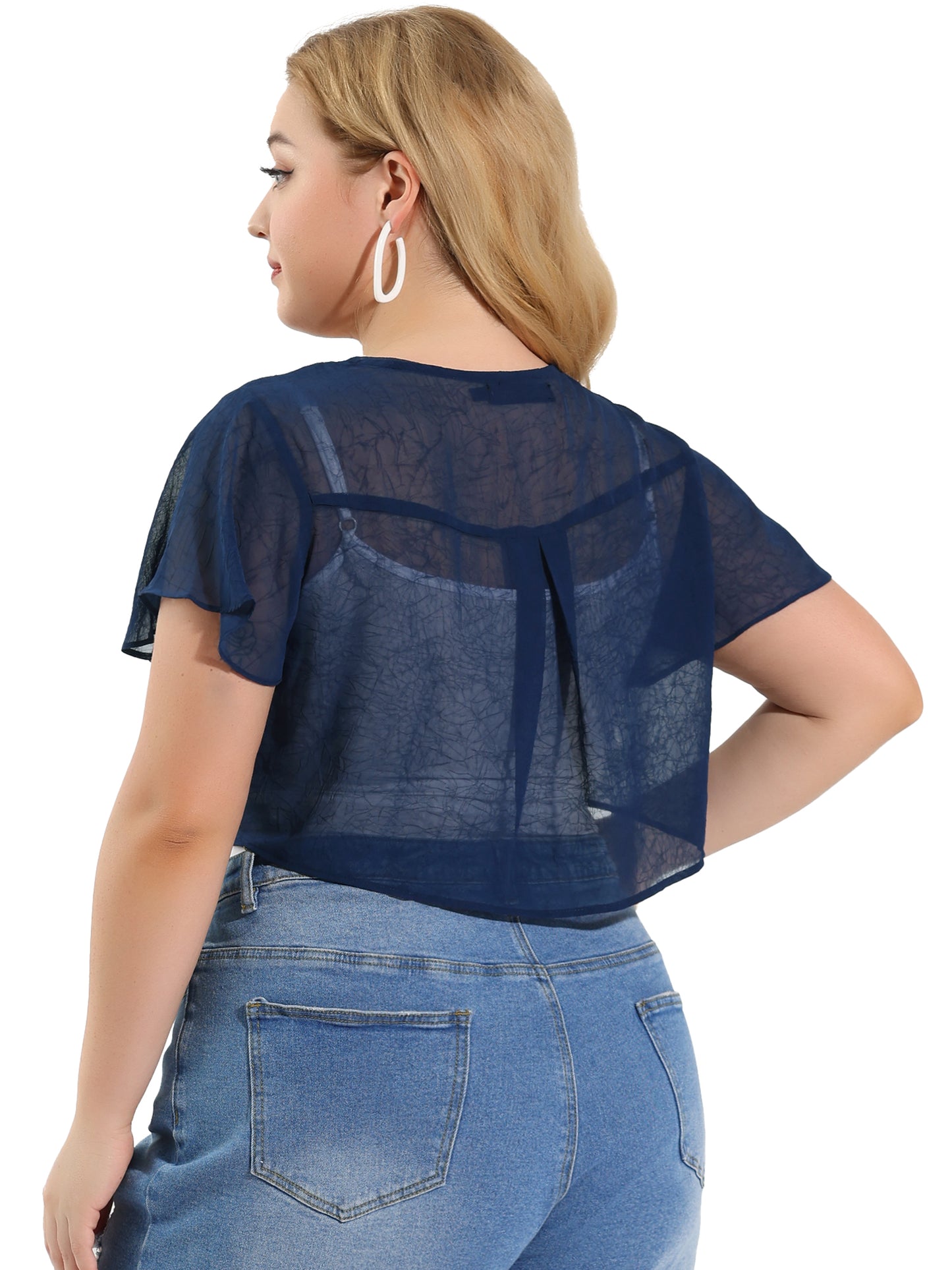 Women Plus Size Short Shrugs Tie Open Front Short Sleeve Sheer Crop Cardigan