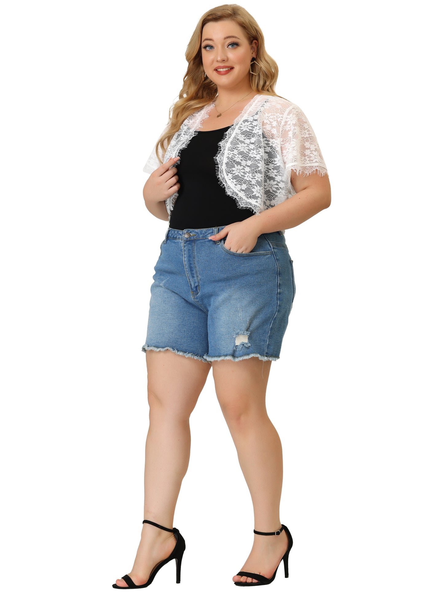 Women's Plus Size Elegant Short Sleeve Sheer Floral Lace Bolero Shrug Top