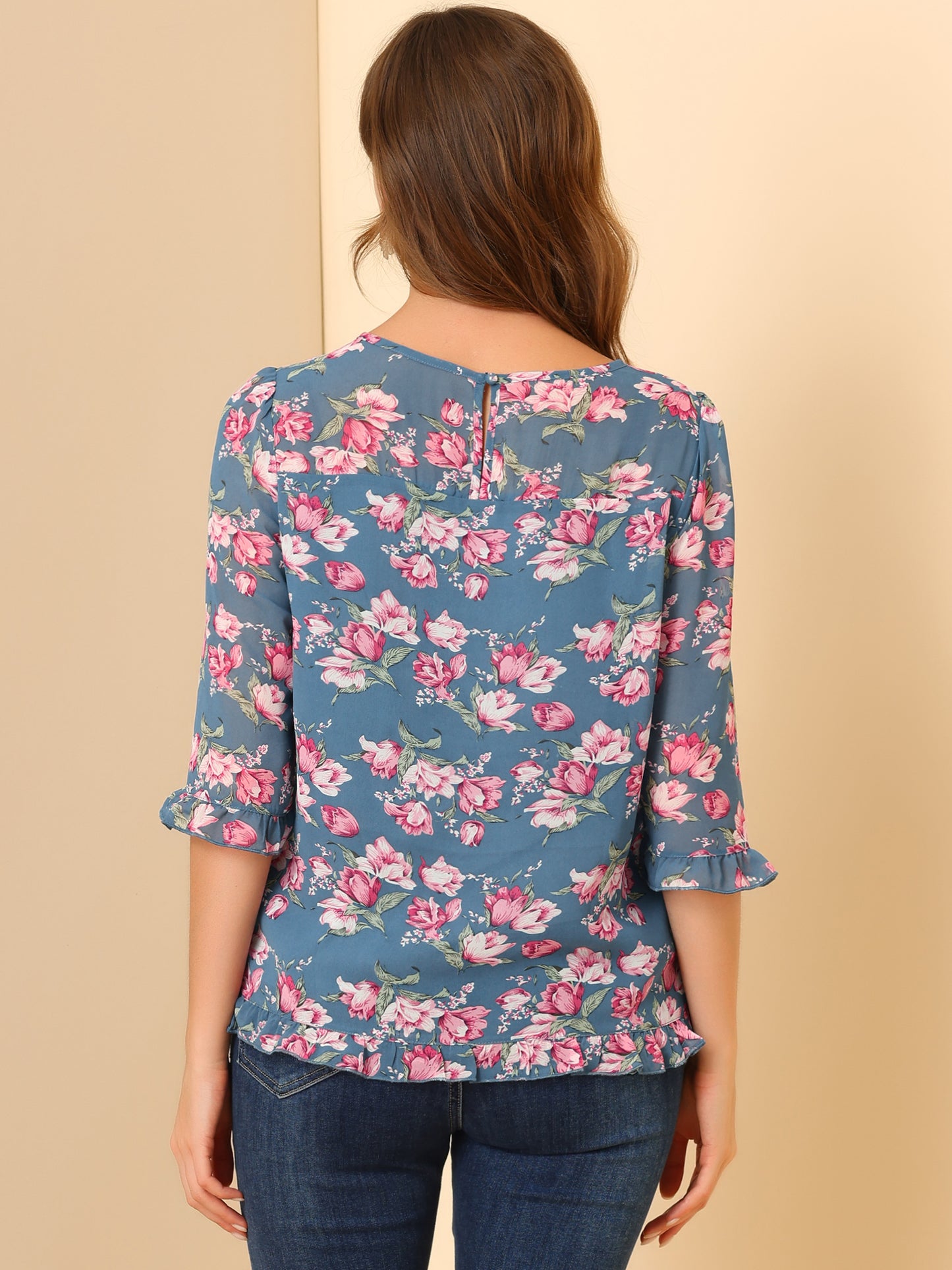 Women's Casual Ruffle 3/4 Sleeve Floral Print Chiffon Blouse