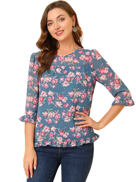 Women's Casual Ruffle 3/4 Sleeve Floral Print Chiffon Blouse