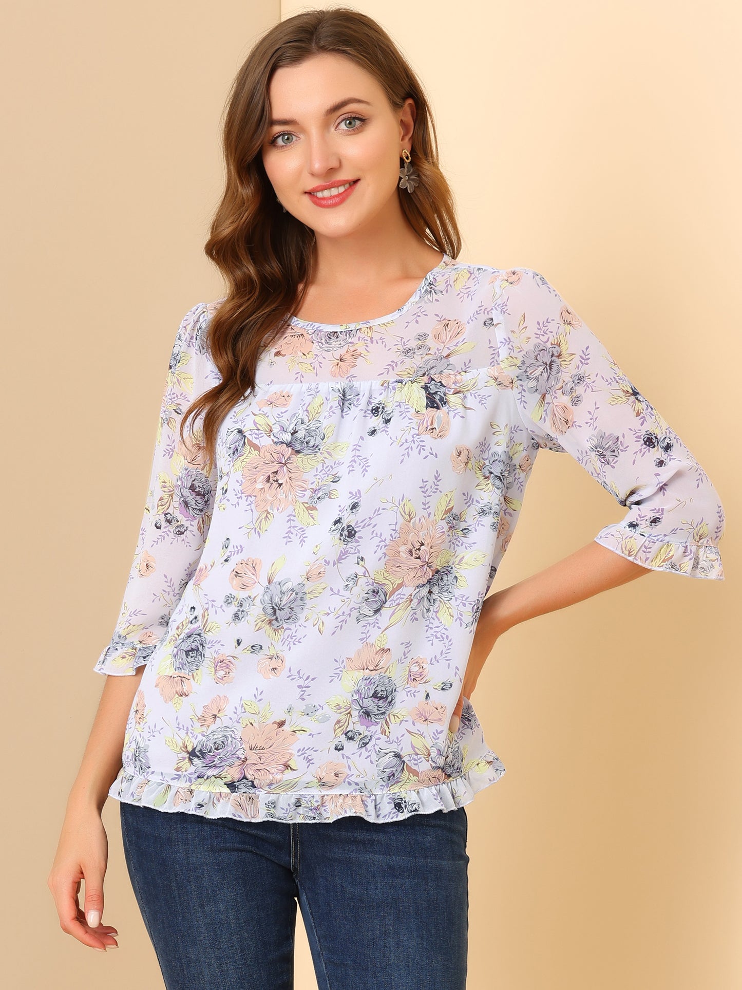 Women's Casual Ruffle 3/4 Sleeve Floral Print Chiffon Blouse
