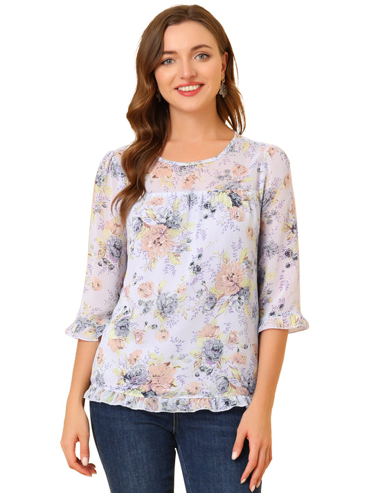 Women's Casual Ruffle 3/4 Sleeve Floral Print Chiffon Blouse