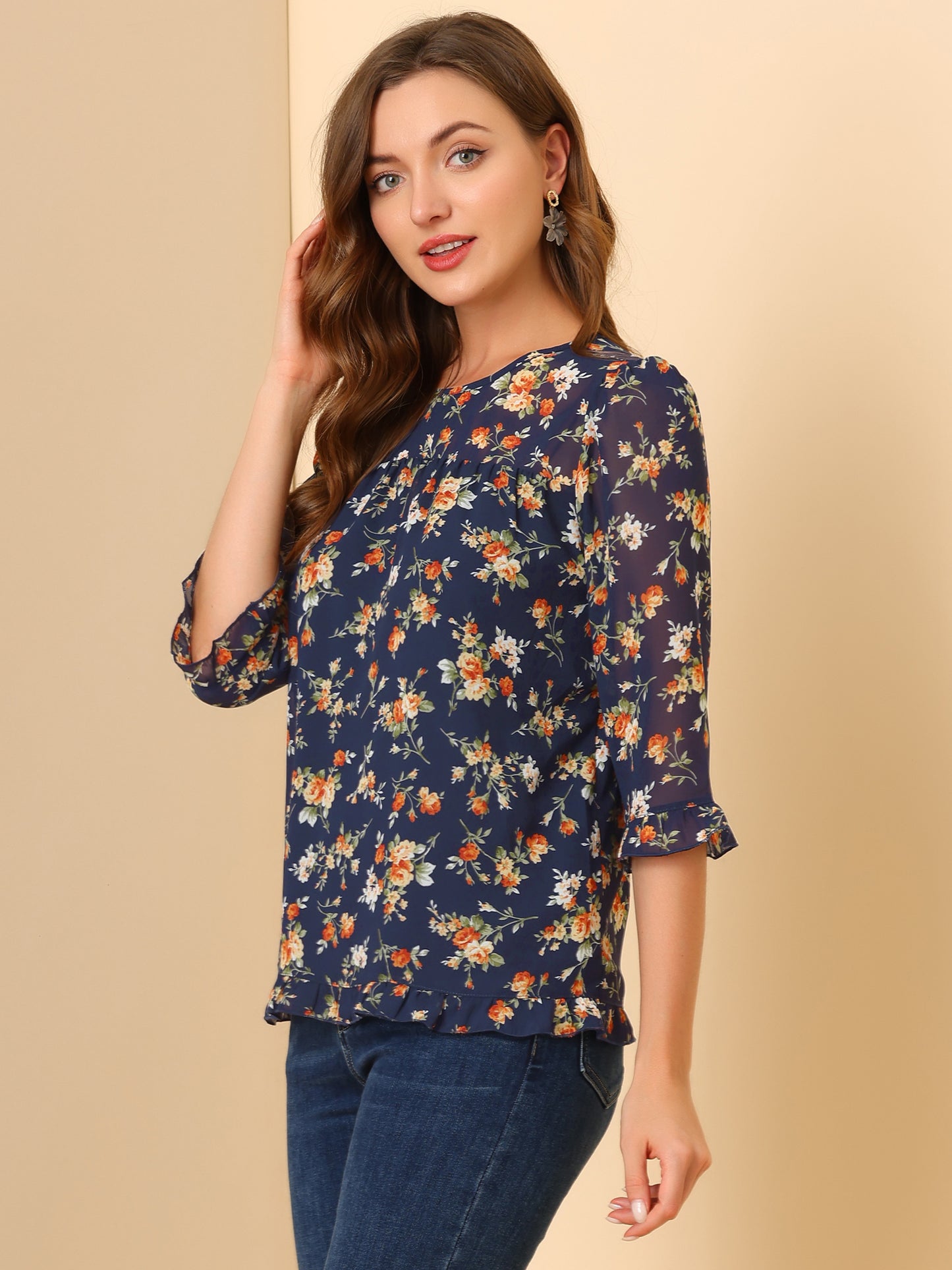 Women's Casual Ruffle 3/4 Sleeve Floral Print Chiffon Blouse