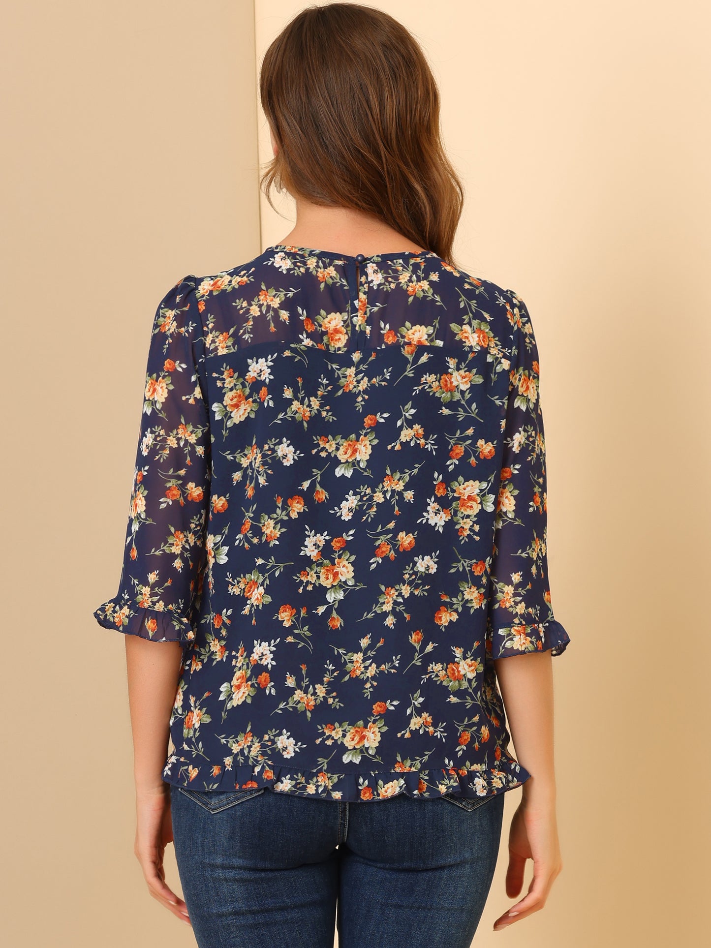 Women's Casual Ruffle 3/4 Sleeve Floral Print Chiffon Blouse