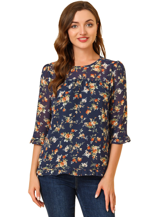 Women's Casual Ruffle 3/4 Sleeve Floral Print Chiffon Blouse