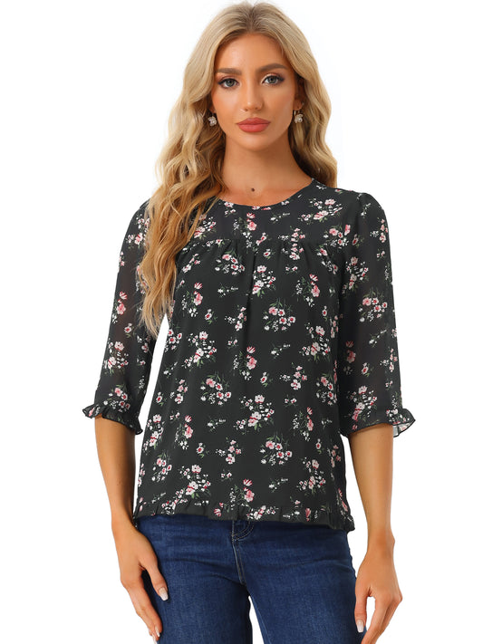 Women's Casual Ruffle 3/4 Sleeve Floral Print Chiffon Blouse