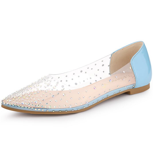 Women's Pointed Toe Clear Rhinestone Ballet Flats