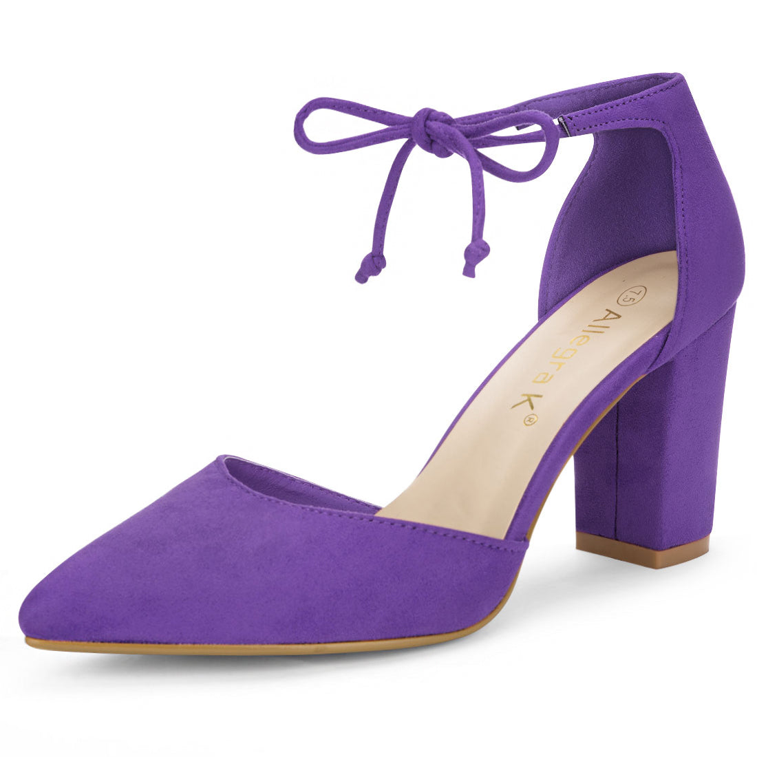 Zapatos de vestir con punta puntiaguda y tacón grueso con lazo en el tobillo para mujer