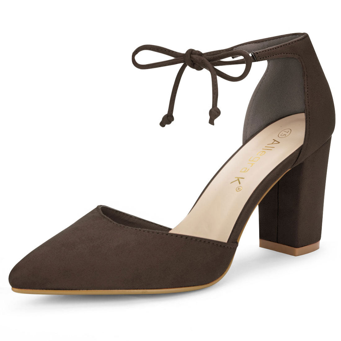 Zapatos de vestir con punta puntiaguda y tacón grueso con lazo en el tobillo para mujer