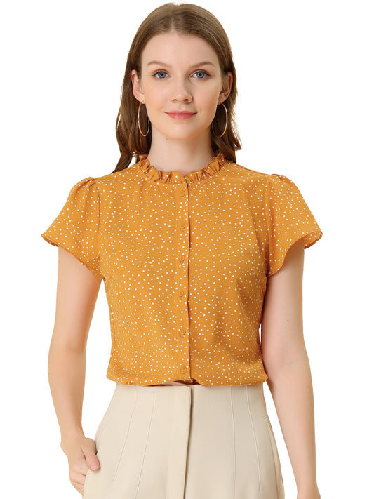 Women's Ruffle Summer Dots Print Retro Short Sleeve Button Down Blouse Top