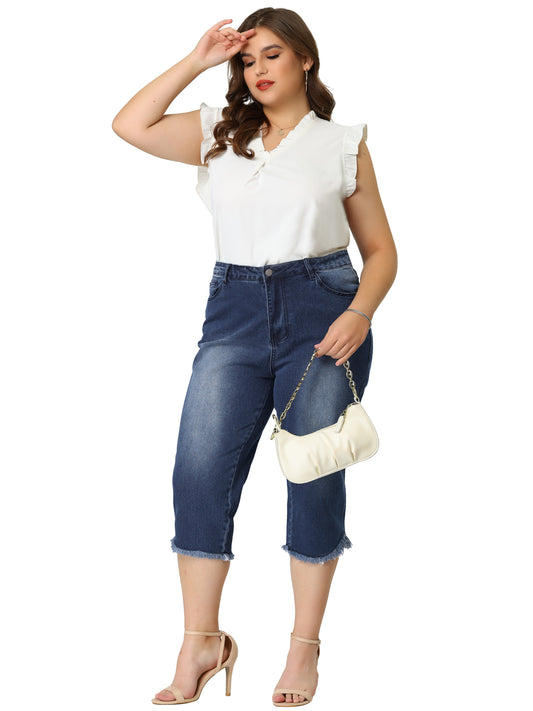 Pantalones cortos capri de mezclilla de talla grande para mujer, de verano, de tiro medio, elásticos, de pierna recta, con bolsillos