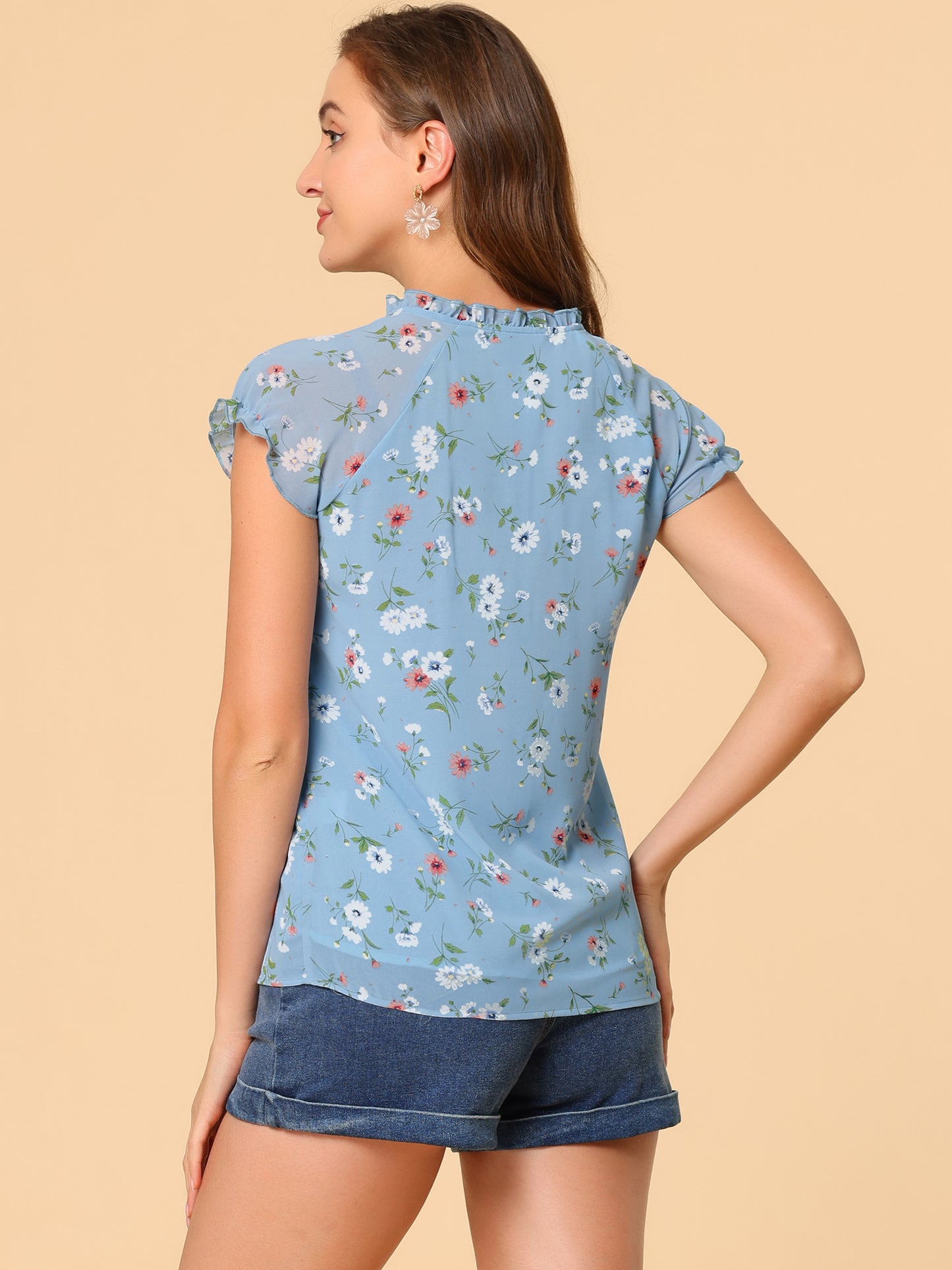 Blusa de gasa con volantes, mangas cortas y cuello en V con estampado floral de verano para mujer