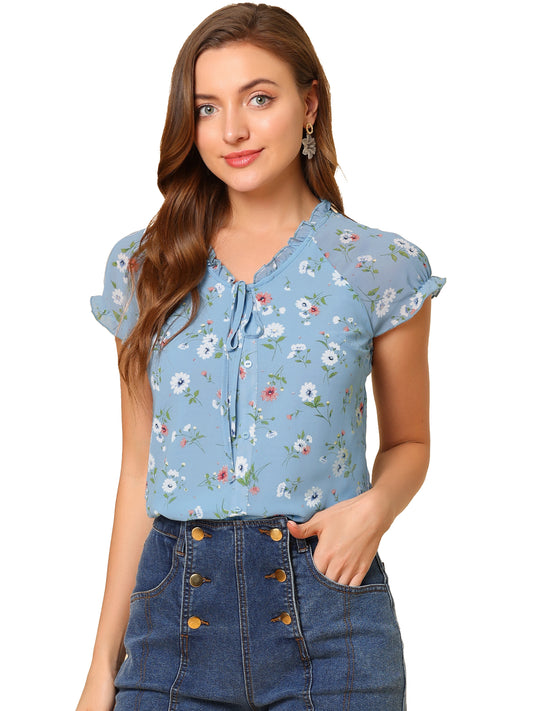 Blusa de gasa con volantes, mangas cortas y cuello en V con estampado floral de verano para mujer