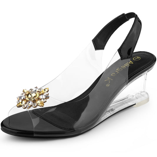 Women's Peep Toe Rhinestone Clear Wedges Heels Sandals