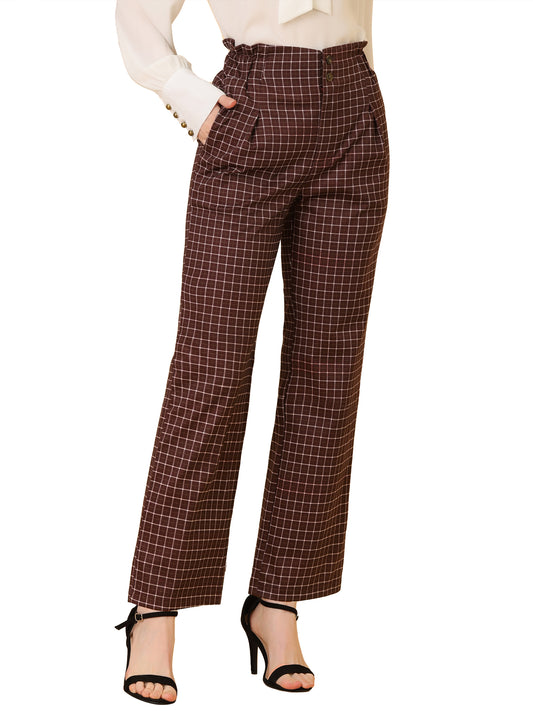 Women's High Waist Casual Plaid Tartan Straight Leg Long Pants