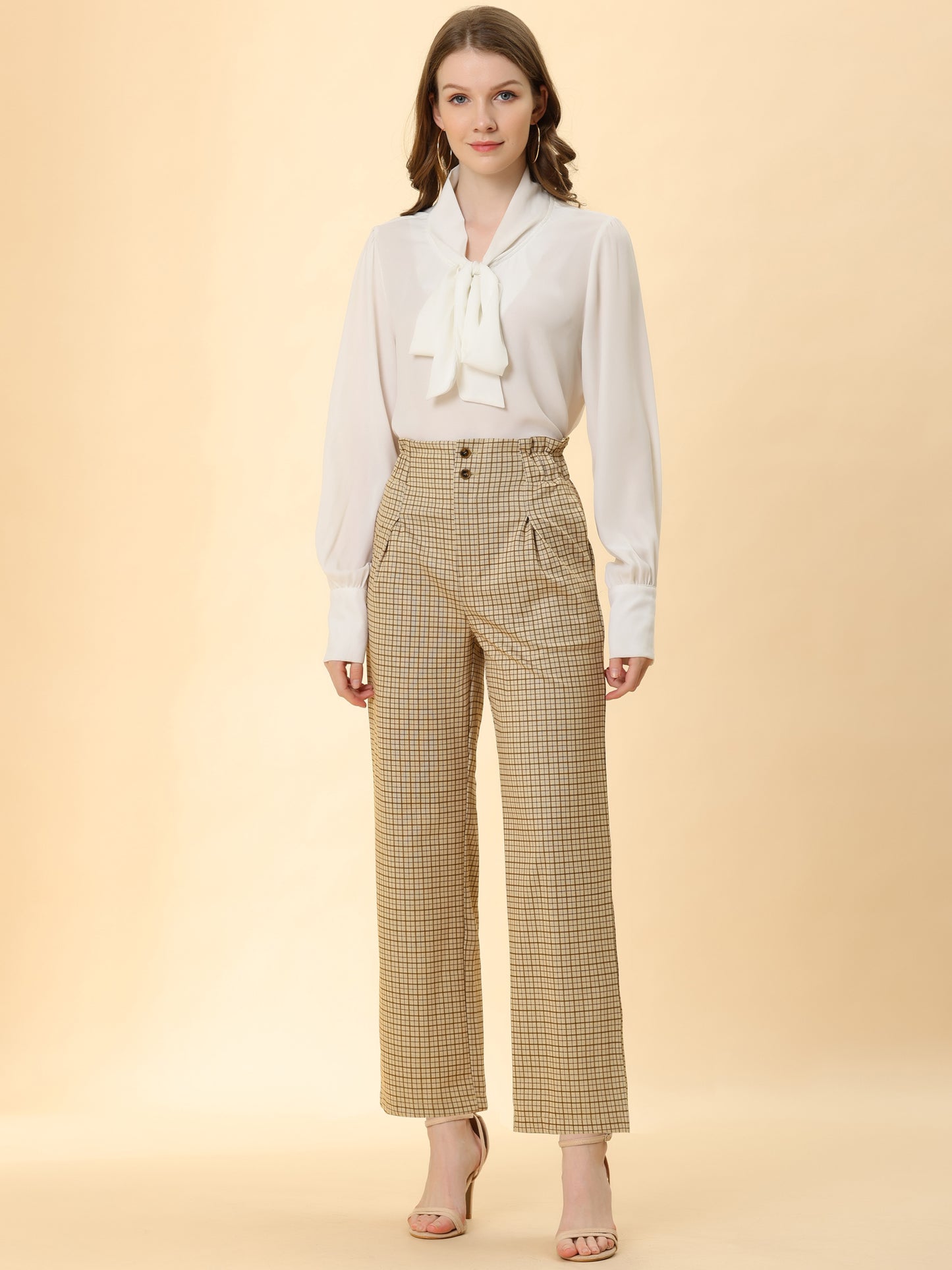 Women's High Waist Casual Plaid Tartan Straight Leg Long Pants