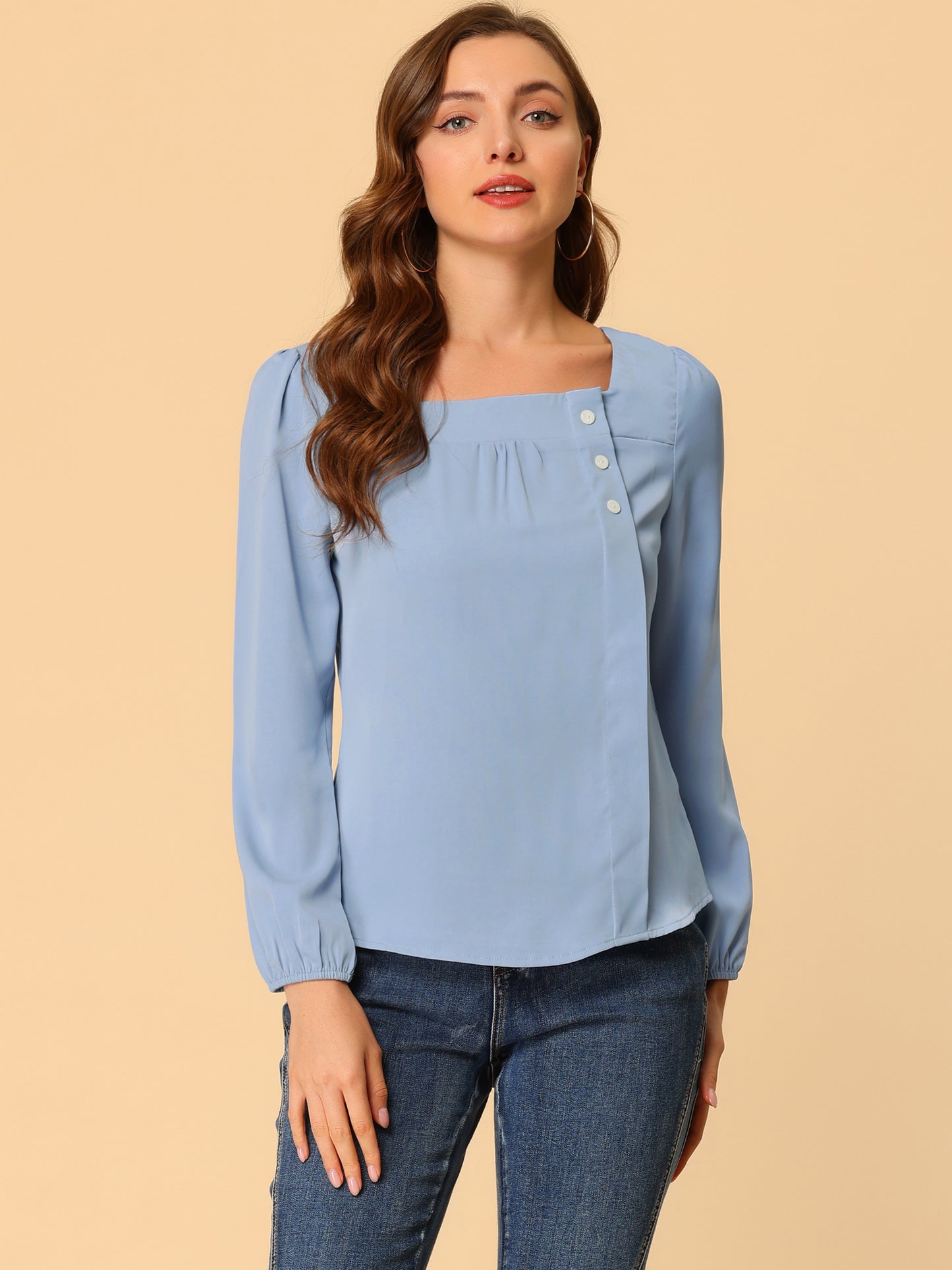 [PACK SALES] Women's 2 Pieces Pleated Front Casual Long Sleeve Square Neck Blouse