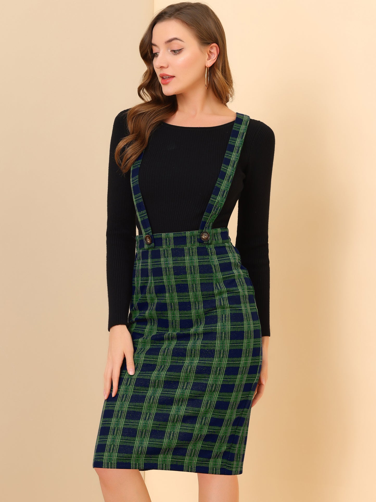 Women's Plaid Overall Pencil Braces Suspender Skirt