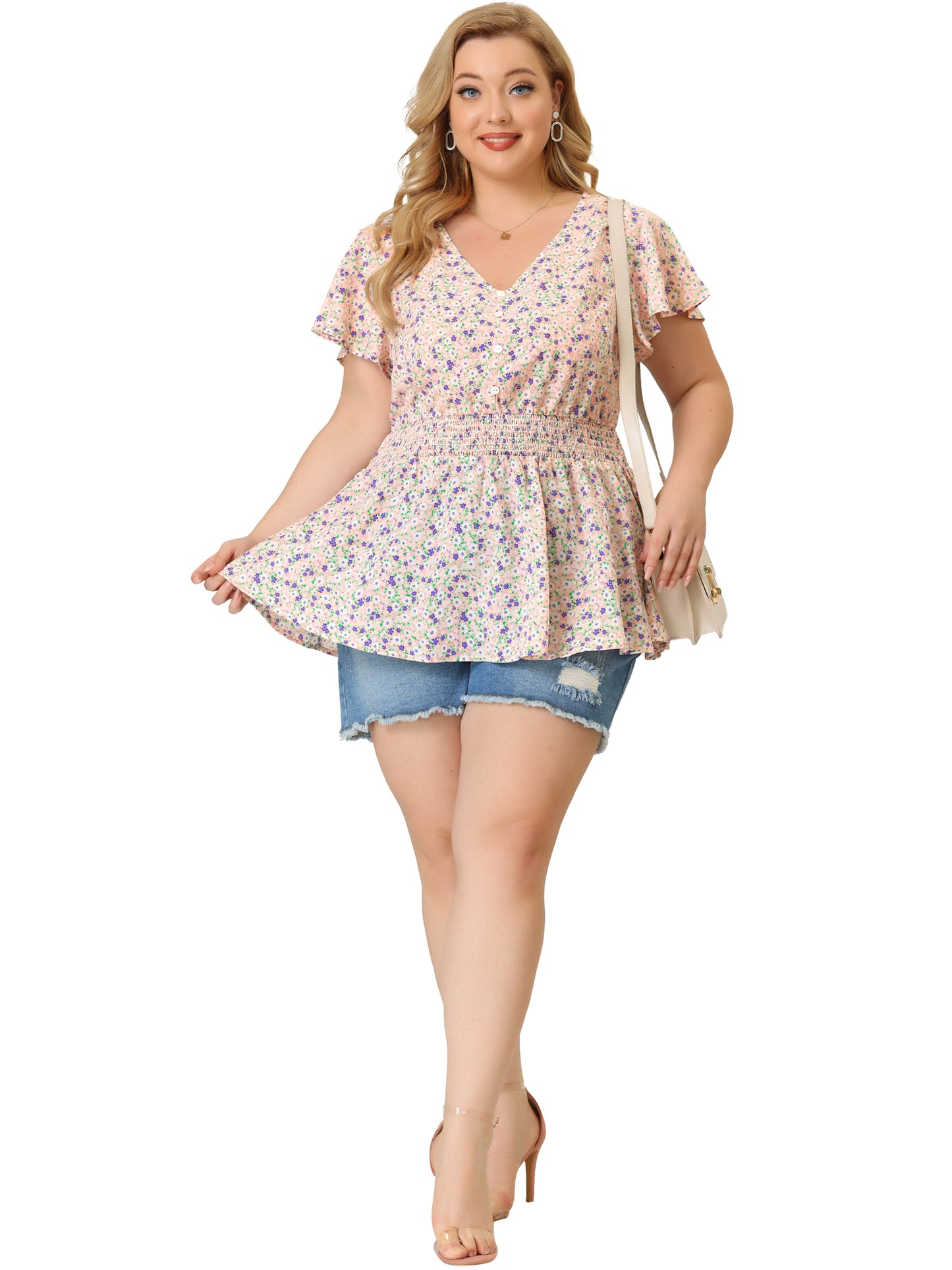 Women Plus Size Blouses Button V Neck Smocked Waist Flare Short Sleeve Peplum Floral Top