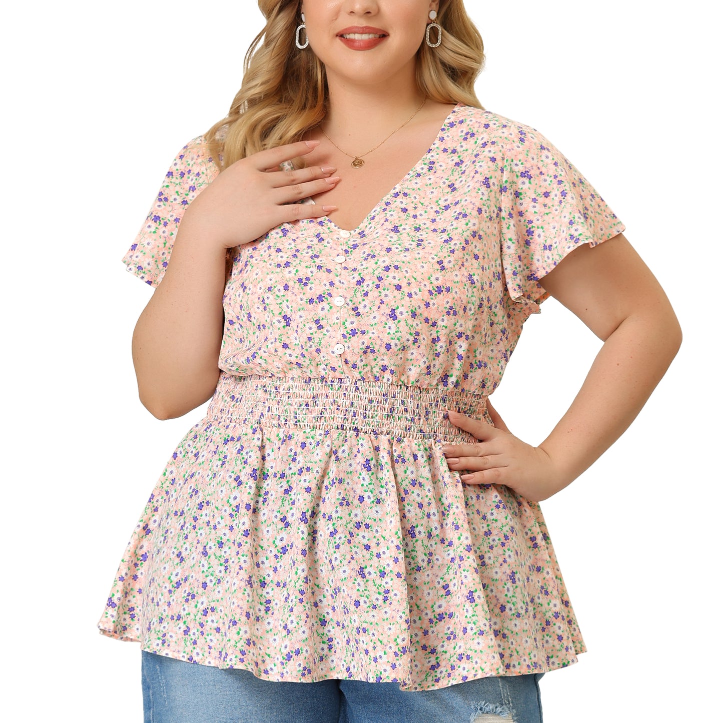 Women Plus Size Blouses Button V Neck Smocked Waist Flare Short Sleeve Peplum Floral Top