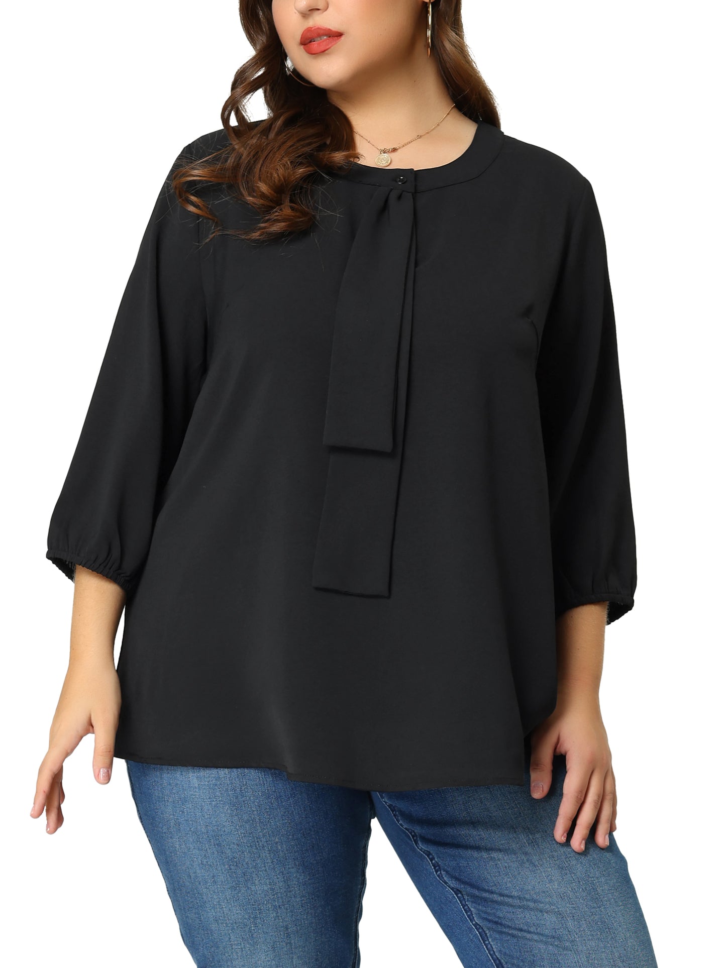 Women Plus Size Top 3/4 Sleeve Work Office Tie Front Ruffle Chiffon Blouse