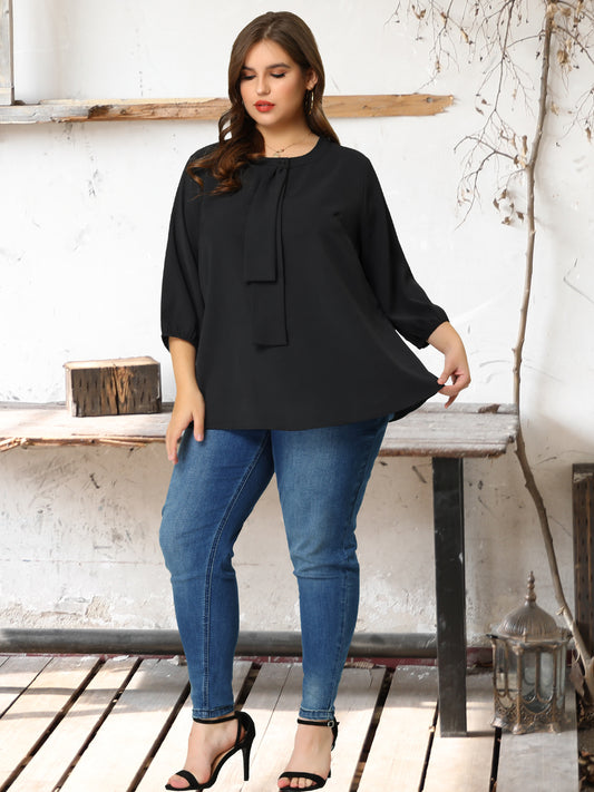 Women Plus Size Top 3/4 Sleeve Work Office Tie Front Ruffle Chiffon Blouse
