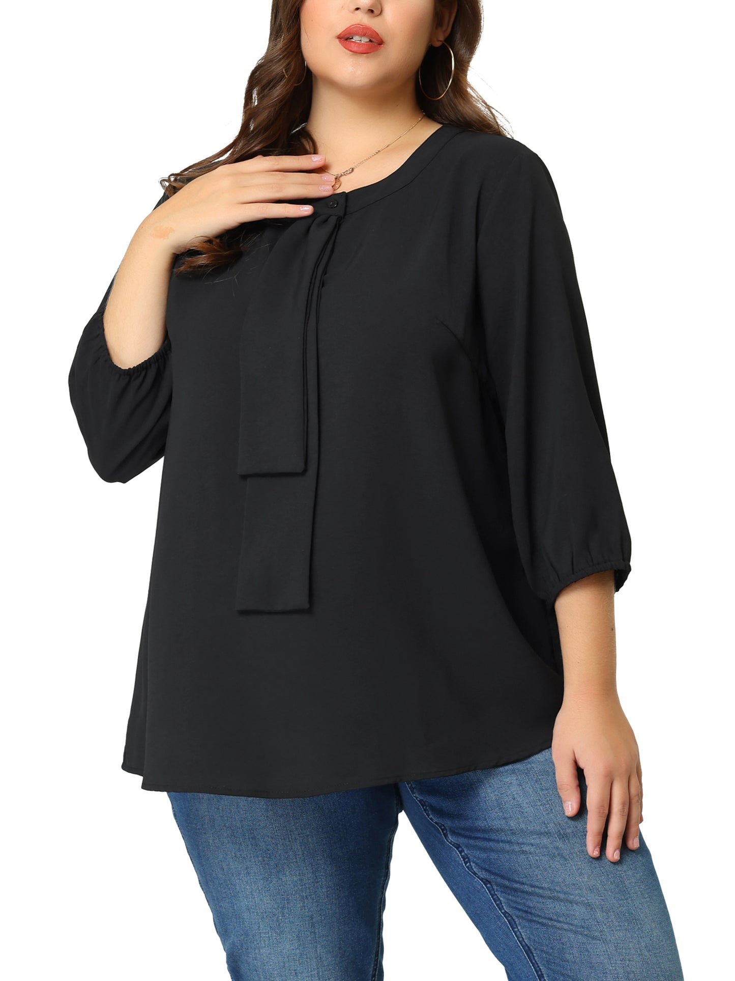 Women Plus Size Top 3/4 Sleeve Work Office Tie Front Ruffle Chiffon Blouse