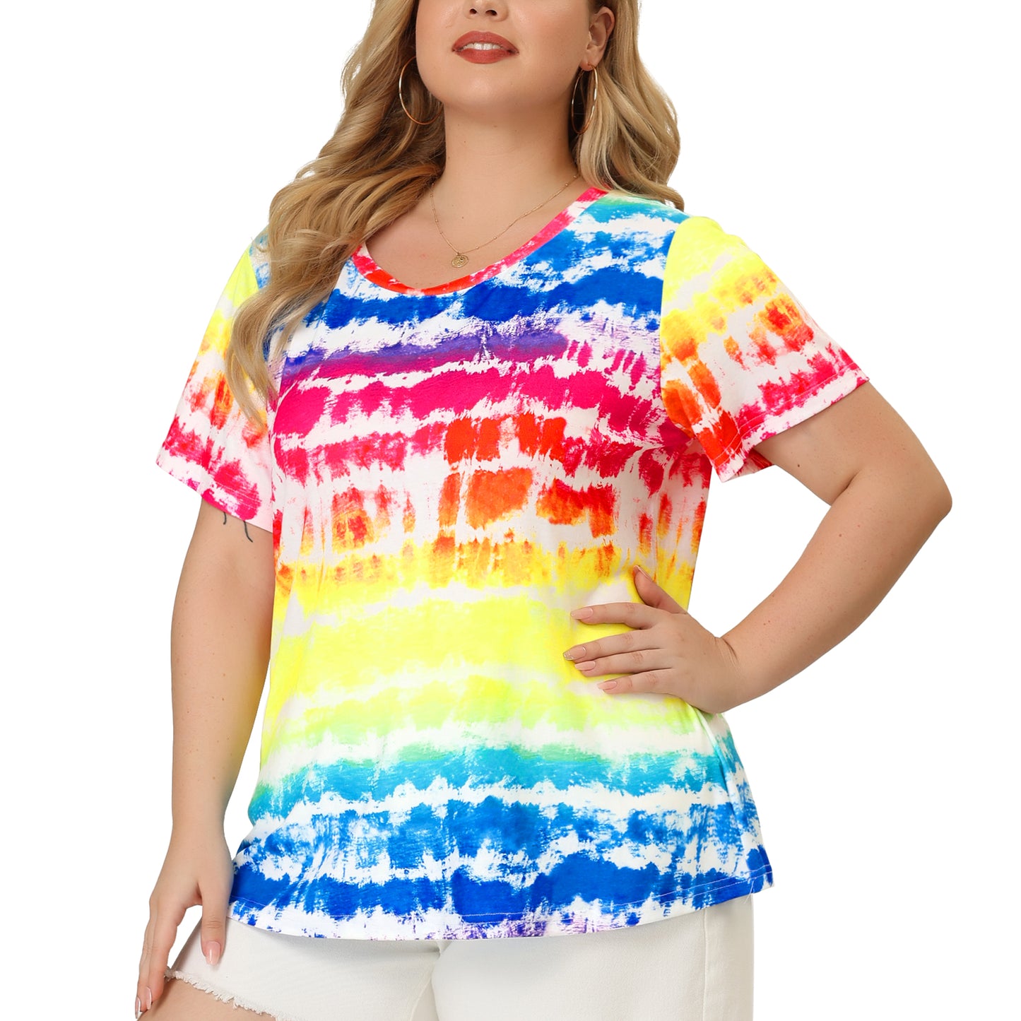 Women Plus Size Round Neck Short Sleeve T-Shirts Rainbow Tie Dye Tee Top