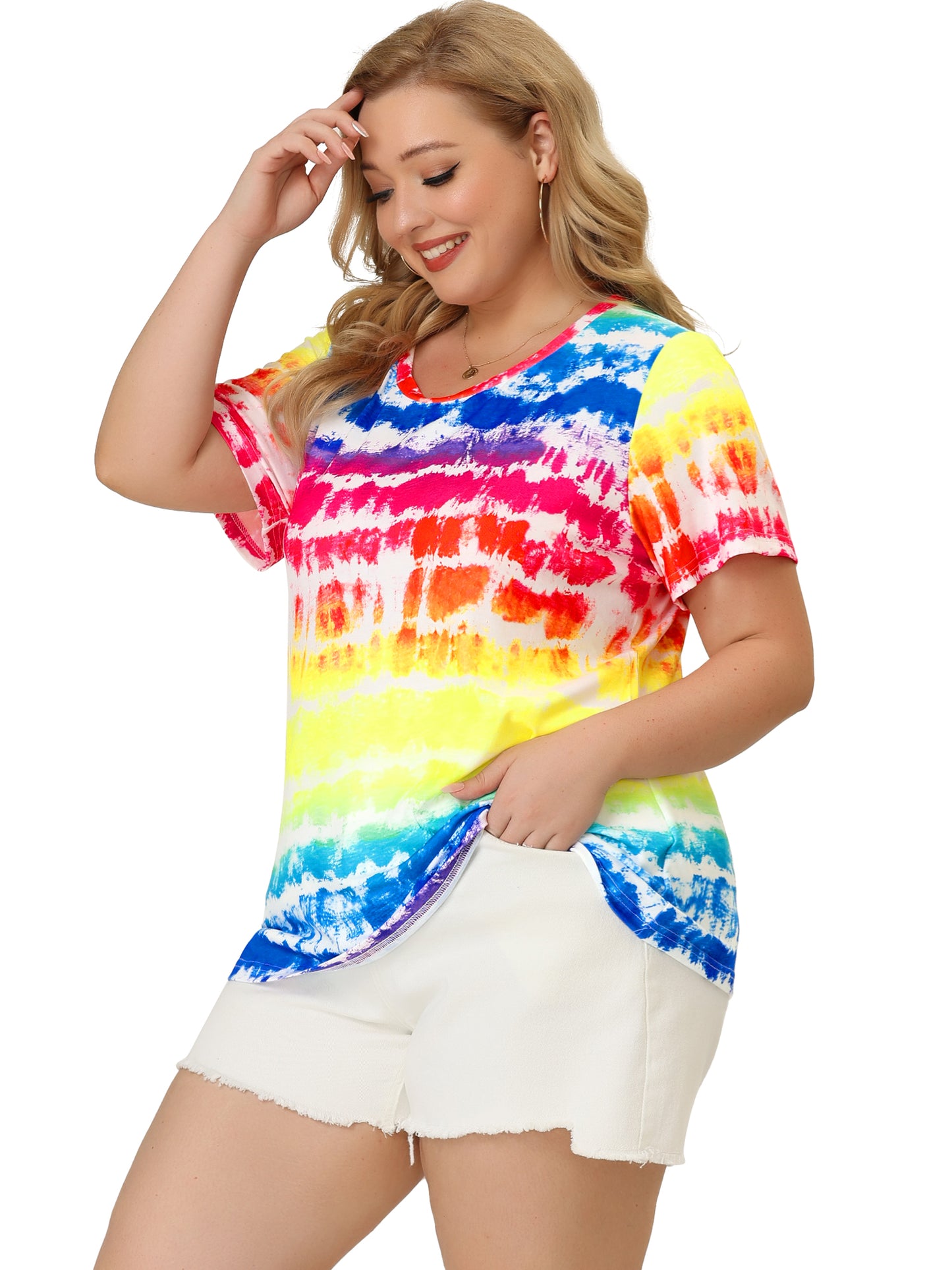 Women Plus Size Round Neck Short Sleeve T-Shirts Rainbow Tie Dye Tee Top