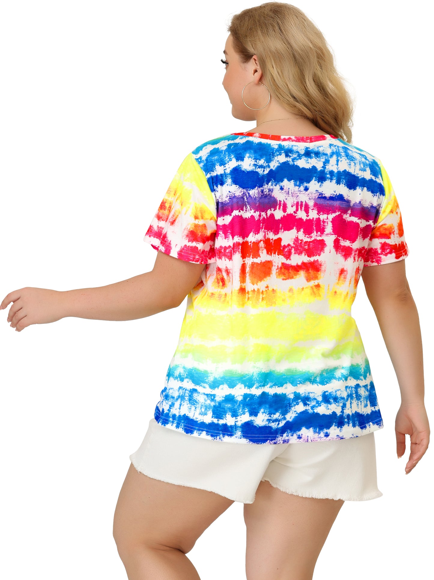 Women Plus Size Round Neck Short Sleeve T-Shirts Rainbow Tie Dye Tee Top