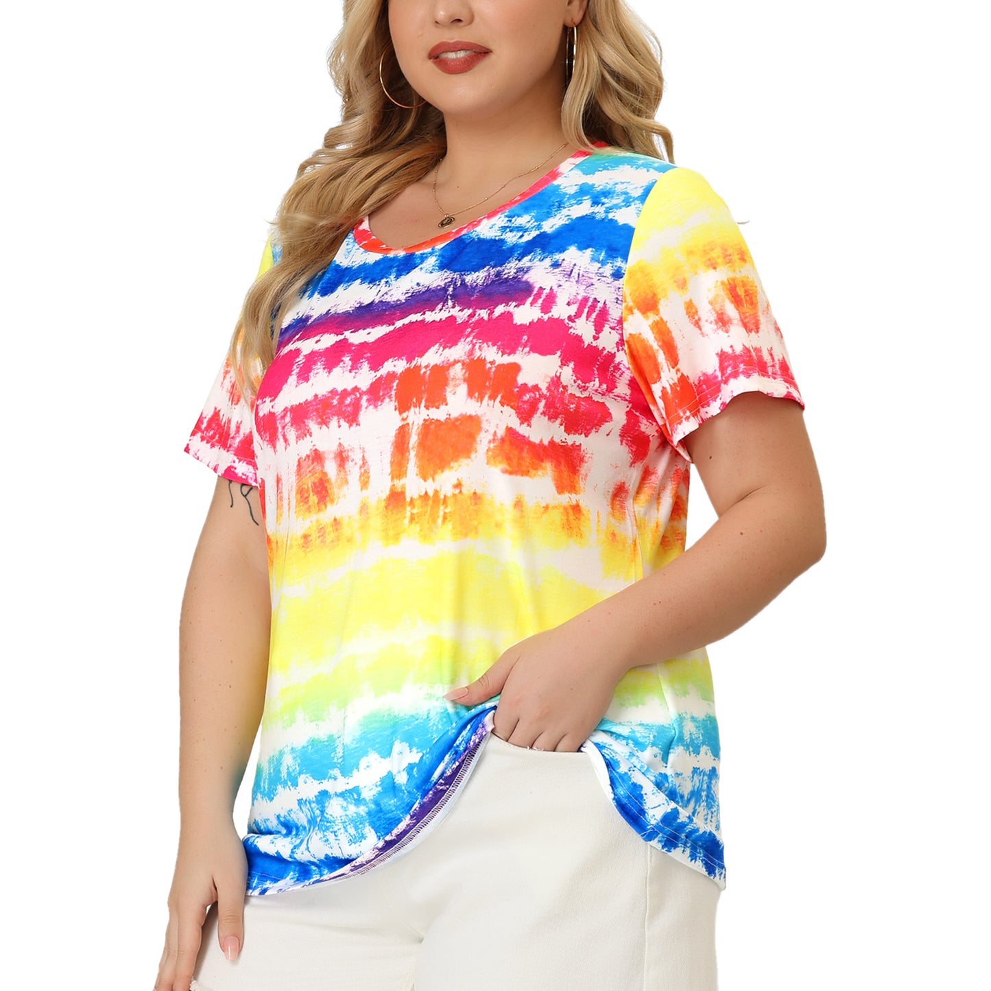 Women Plus Size Round Neck Short Sleeve T-Shirts Rainbow Tie Dye Tee Top