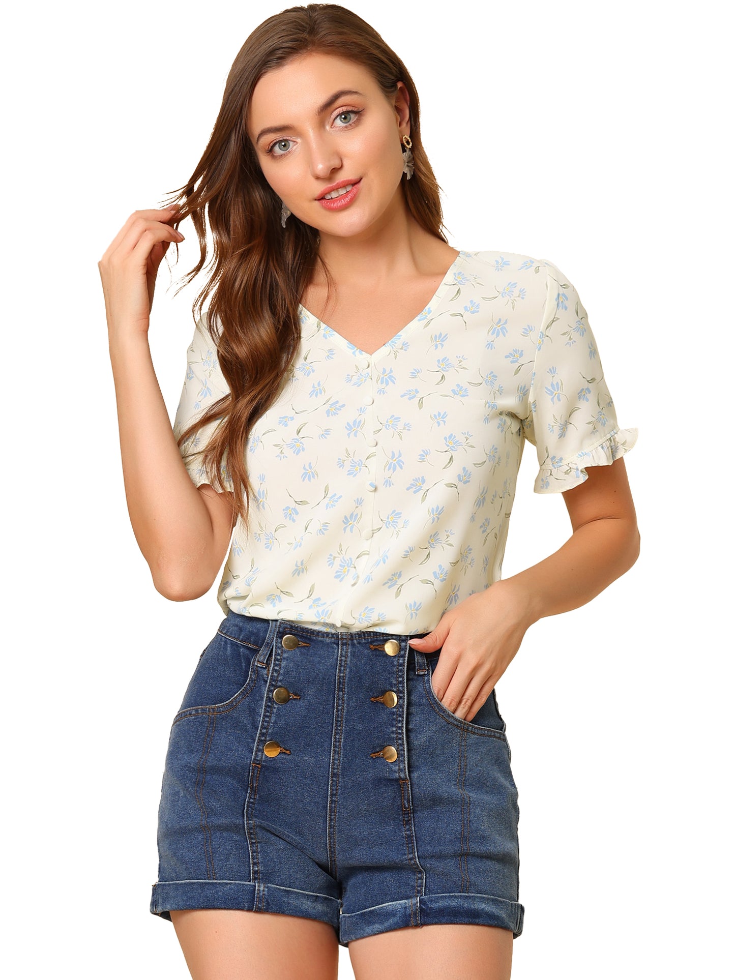 Women's Summer Floral Print V Neck Short Sleeve Button Front Blouse Top