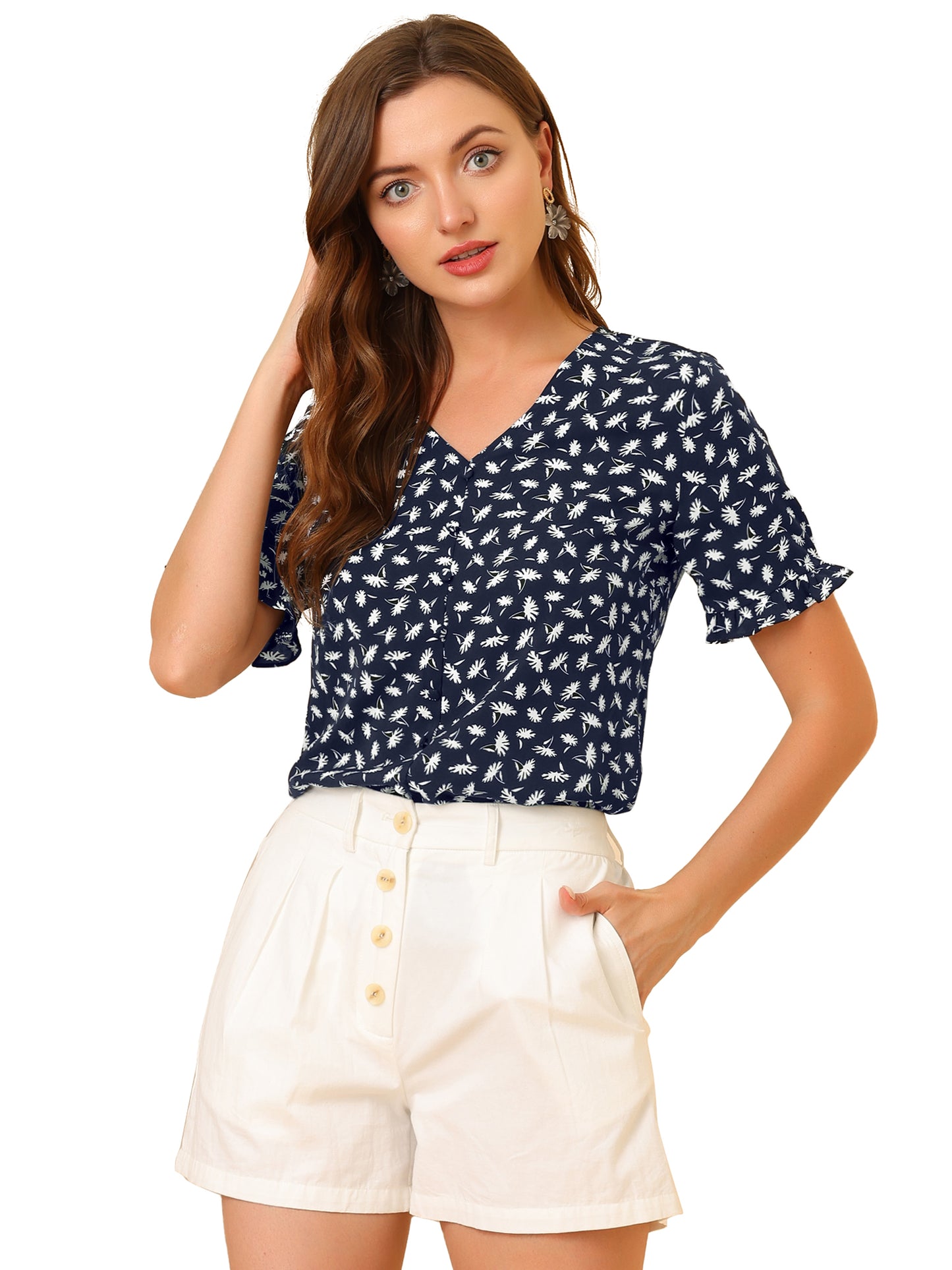 Women's Summer Floral Print V Neck Short Sleeve Button Front Blouse Top