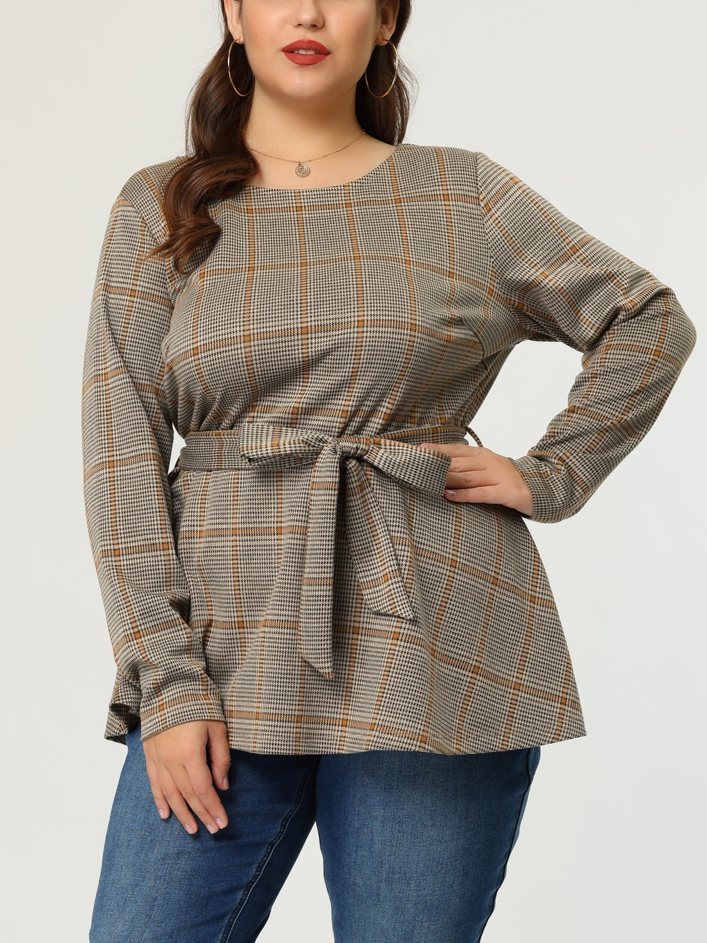 Women's Plus Size Peplum Top Belted Tie Houndstooth Blouse Long Sleeve Tunic