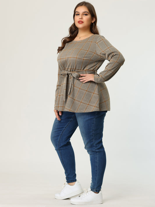 Women's Plus Size Peplum Top Belted Tie Houndstooth Blouse Long Sleeve Tunic