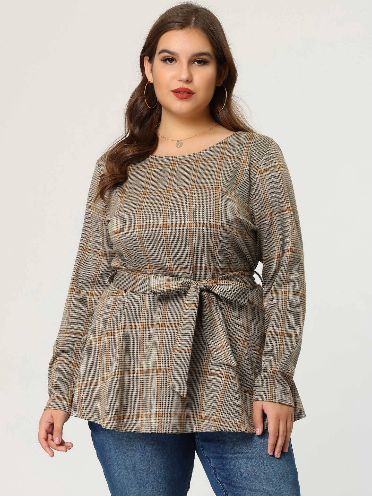 Women's Plus Size Peplum Top Belted Tie Houndstooth Blouse Long Sleeve Tunic
