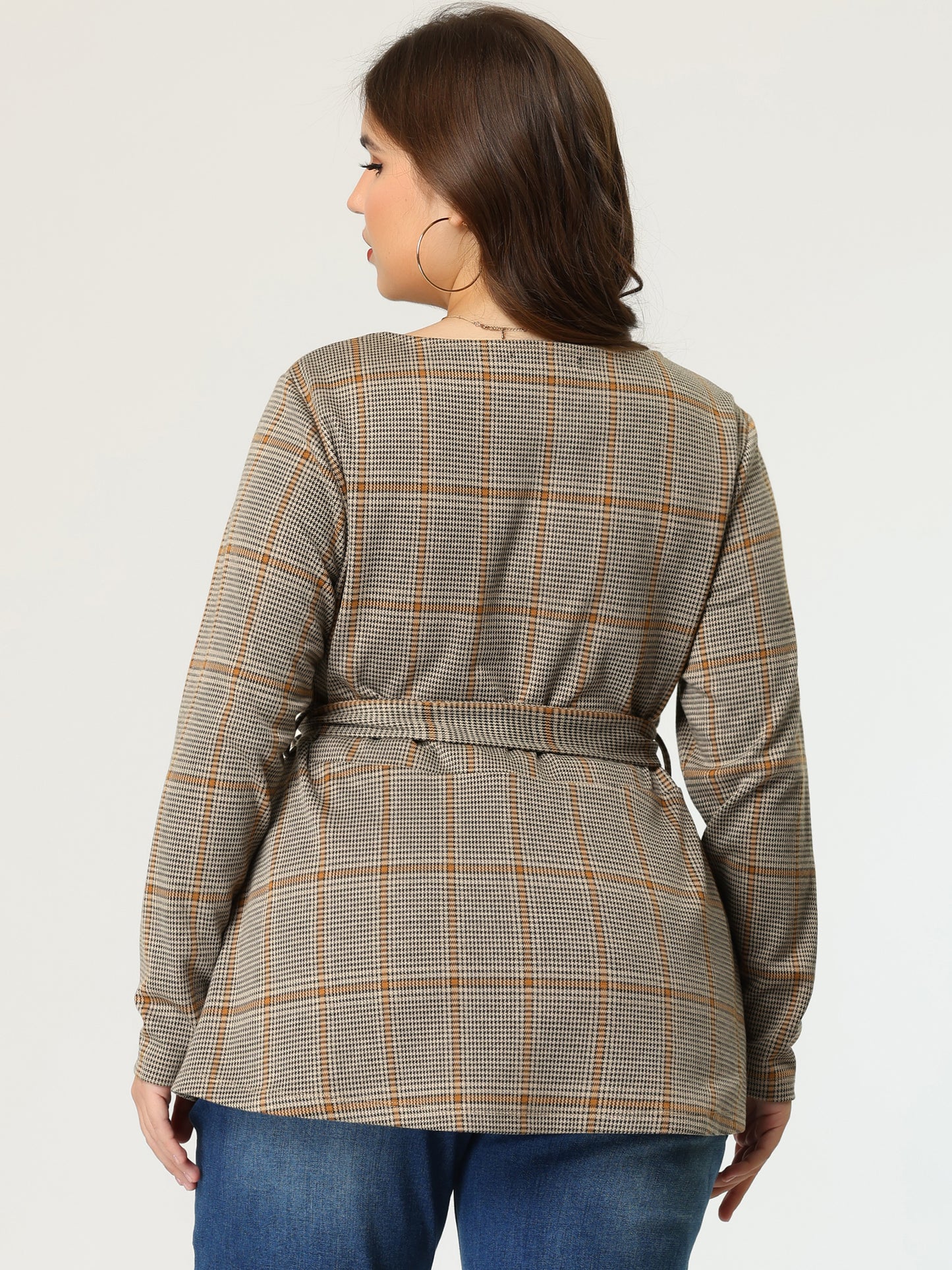 Women's Plus Size Peplum Top Belted Tie Houndstooth Blouse Long Sleeve Tunic