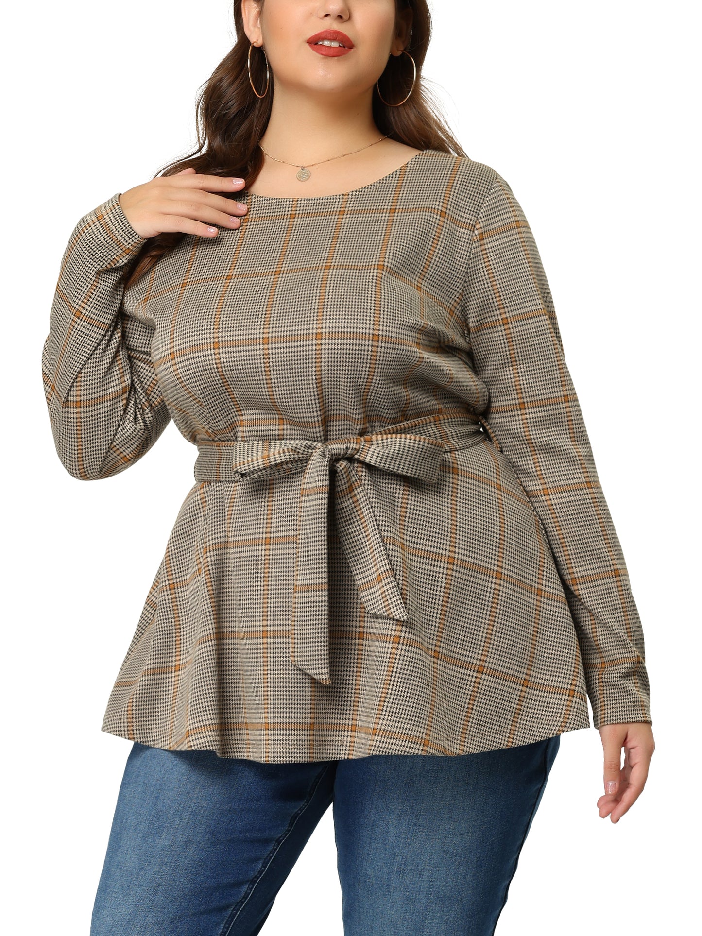 Women's Plus Size Peplum Top Belted Tie Houndstooth Blouse Long Sleeve Tunic