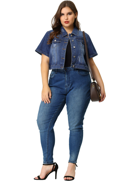 Women Plus Size Denim Jacket Short Sleeves Button Down Cropped Jean Jackets
