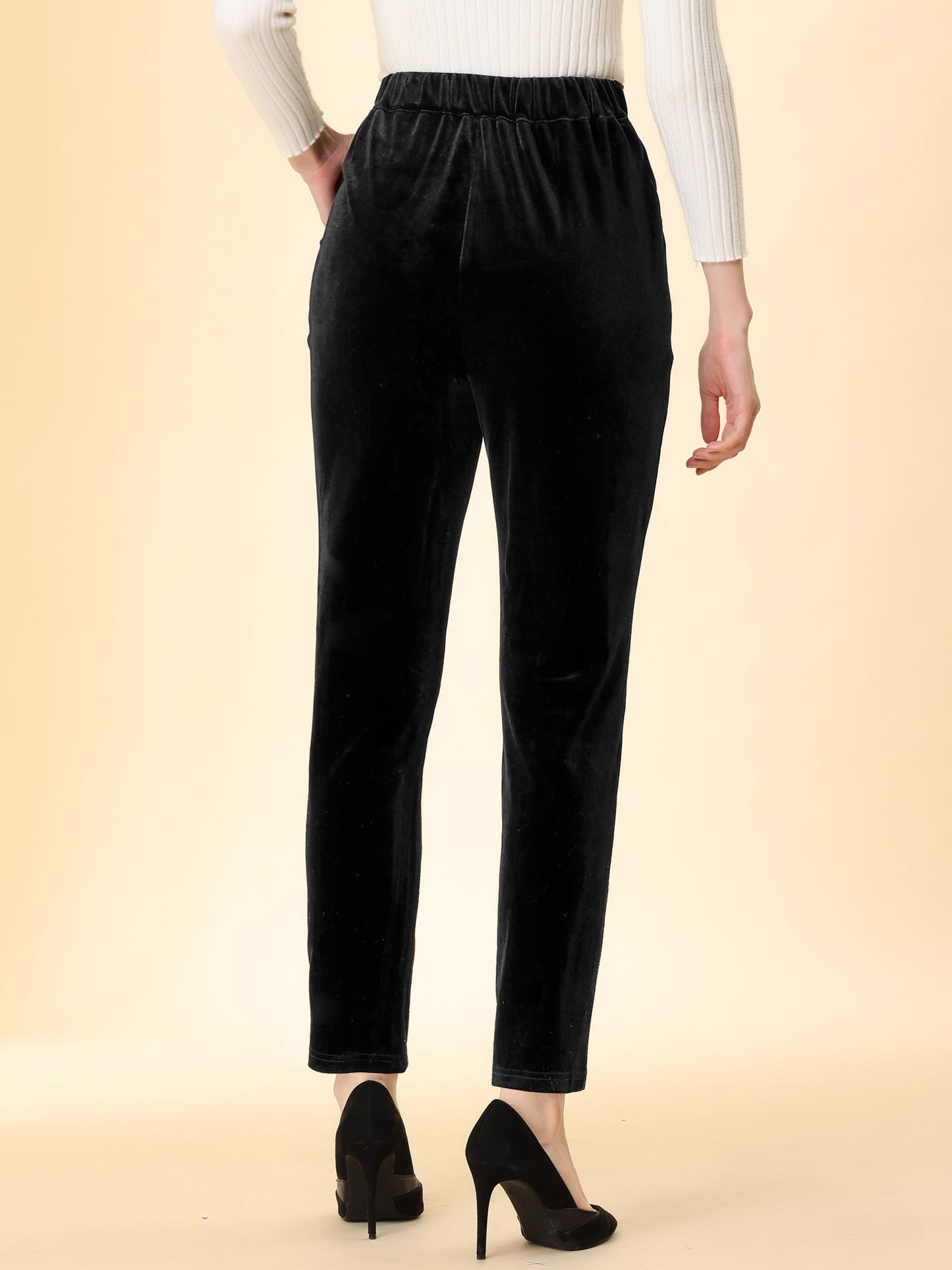 Women's Velvet Elegant High Waist Trousers with Pockets Work Ankle Pants