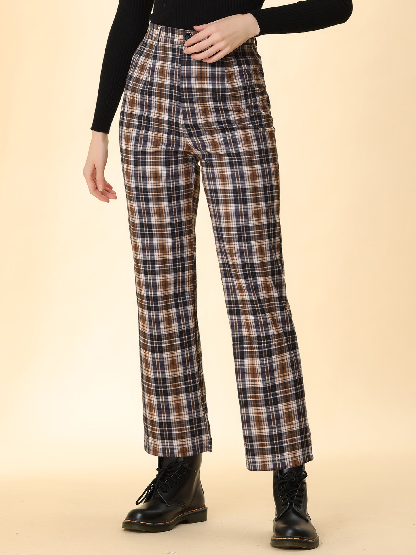 Women's Plaid Cropped Trousers Button Casual Tartan Check Work Pants (Available in Plus Size)