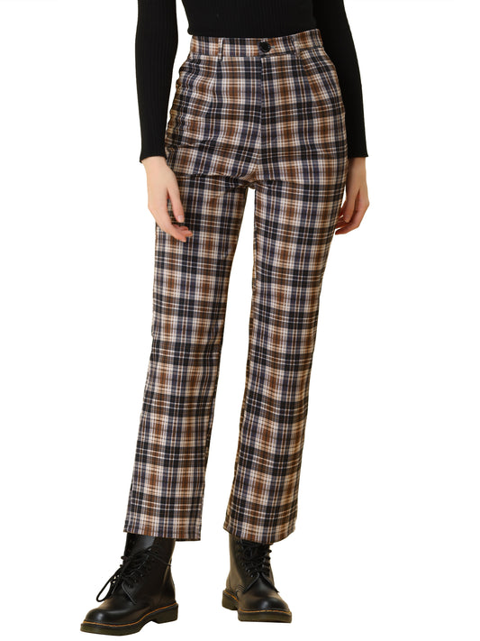 Women's Plaid Cropped Trousers Button Casual Tartan Check Work Pants (Available in Plus Size)