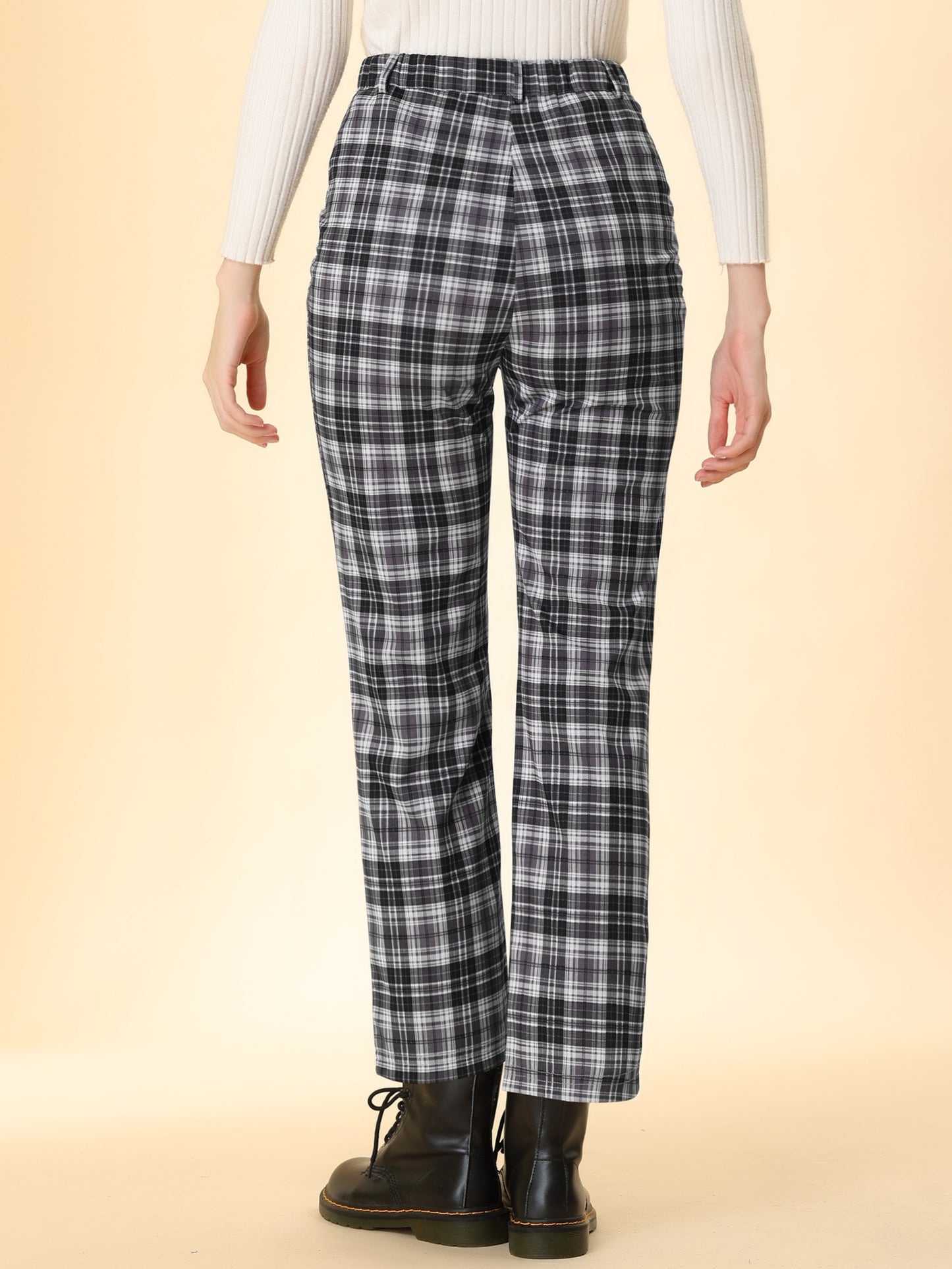 Women's Plaid Cropped Trousers Button Casual Tartan Check Work Pants (Available in Plus Size)