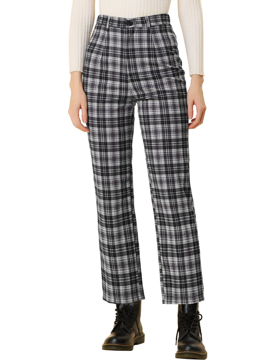 Women's Plaid Cropped Trousers Button Casual Tartan Check Work Pants (Available in Plus Size)