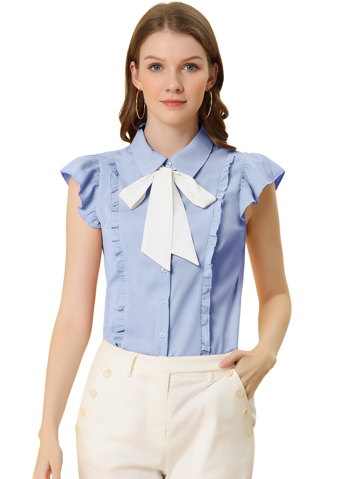 Women's Ruffles Cap Sleeve Tops Tie Neck Button Up Peter Pan Collar Blouse Shirts